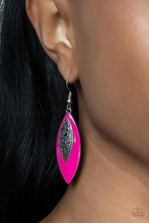 Paparazzi Venetian Vanity - Pink - Earrings  -  Asymmetrically bordered in a Fuchsia Fedora frame, airy silver filigree blooms along the center of a colorful lure for a seasonal flair. Earring attaches to a standard fishhook fitting.
