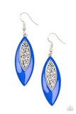Paparazzi Venetian Vanity - Blue - Earrings  -  Asymmetrically bordered in a bright Mykonos Blue frame, airy silver filigree blooms along the center of a colorful lure for a seasonal flair. Earring attaches to a standard fishhook fitting.
