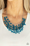 Paparazzi Garden Fairytale - Blue - Necklace  -  A shimmery collection of opaque and clear crystal-like Mykonos Blue teardrop beads delicately cluster along a linked strand of silver bars, creating an ethereally leafy fringe below the collar. Features an adjustable clasp closure.

