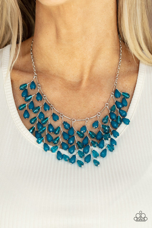 Paparazzi Garden Fairytale - Blue - Necklace  - 2021 Convention Exclusive  -  A shimmery collection of opaque and clear crystal-like Mykonos Blue teardrop beads delicately cluster along a linked strand of silver bars, creating an ethereally leafy fringe below the collar. Features an adjustable clasp closure.
 