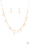 Paparazzi Starry Shindig - Copper - Necklace  -  Varying in size, dainty shiny copper stars alternate along a decorative shiny copper chain, creating a stellar fringe below the collar. Features an adjustable clasp closure.
