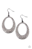 Paparazzi Storybook Bride - Black - Earrings  -  Shiny gunmetal oval frames with airy cut-out centers, are covered in brilliant white rhinestones, creating an enchanting lure. Earring attaches to a standard fishhook fitting.
