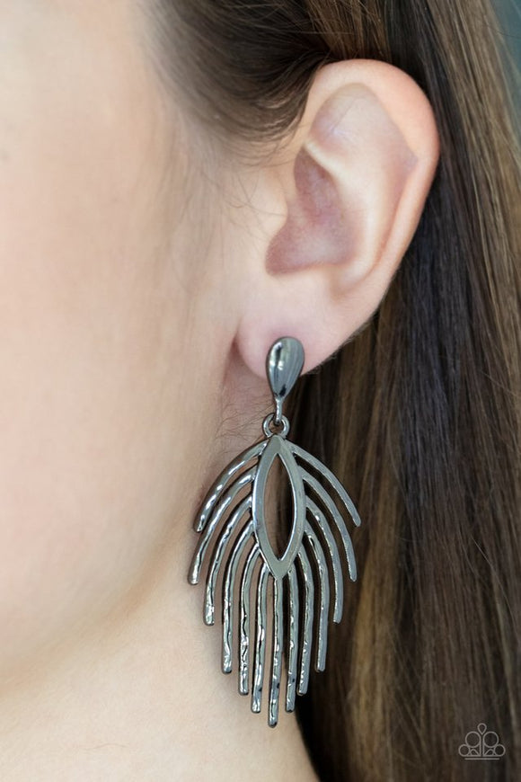 Paparazzi Metro Safari - Black - Earrings  -  Anchored by a solid gunmetal bulb, gunmetal bars flare out and fall like shooting stars from an open marquise frame creating a captivating allure. Earring attaches to a standard post fitting.
