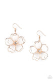 Paparazzi Petal Power - Rose Gold - Earrings  -  Layers of heart-shaped petals molded from shiny rose gold wire create an airy three-dimensional flower. A dainty white rhinestone dots the center adding sparkle to the whimsical frame. Earring attaches to a standard fishhook fitting.
