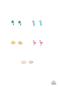 Paparazzi Starlet Shimmer Summer Earring Kit - P5SS-MTXX-376XX - Ten pairs of earrings in assorted colors and shapes. Varying in color, the summer inspired frames include, palm trees, seahorses, fish, flamingos, and seashells. Earrings attach to standard post fittings.