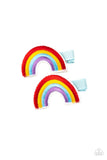 Paparazzi Follow Your Rainbow - Multi - Hair Clip  -  Red, yellow, blue, and purple threaded rows arc into a magical pair of rainbows. Each rainbow features a standard duck bill hair clip on the back.