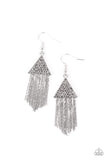 Paparazzi Pyramid SHEEN - Silver - Earrings  - 2021 Convention Exclusive  -  Encrusted in dainty hematite rhinestones, a silver triangle frame gives way to a tapered fringe of flat silver chains for a smoldering effect. Earring attaches to a standard fishhook fitting.

