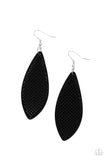 Paparazzi Surf Scene - Black - Earrings   -  In an asymmetrical surfboard-like shape, lightweight wooden frames are painted in a deep black finish and filled with a screen-like pattern creating a whimsically beachy design. Earring attaches to a standard fishhook fitting.
