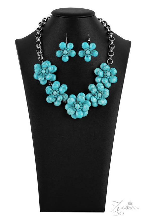 Paparazzi Genuine - 2021 Zi Signature Collection  -  Dainty silver wire delicately wraps around earthy turquoise stone teardrop petals that beautifully layer into bountiful blossoms. Featuring turquoise stone beaded centers, the harmonious stone flowers gracefully connect to a substantial silver chain for an authentically artisan look below the collar. Features an adjustable clasp closure.
