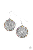 Paparazzi Bollywood Ballroom - Orange - Earrings  -  Infused with a border of iridescent orange rhinestones, studded silver heart shape filigree fans out from a decorative silver floral center for a whimsical look. Earring attaches to a standard fishhook fitting.

