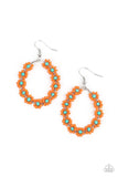 Paparazzi Festively Flower Child - Orange - Earrings  -  Dotted with turquoise beaded centers, a dainty collection of orange seed beaded floral frames are threaded along a wire hoop for a fabulous floral fashion. Earring attaches to a standard fishhook fitting.
