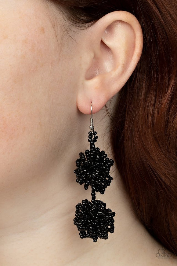 Paparazzi Celestial Collision - Black - Earrings  -  Strands of shiny black seed beads delicately knot into an elegantly clustered lure, creating a stellar modern look. Earring attaches to a standard fishhook fitting.
