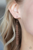 Paparazzi Artisan Abode - Copper - Necklace  -  Hammered in bold rustic finishes, asymmetrical copper plates link at the bottom of a lengthened copper chain for an artisan inspired look. Features an adjustable clasp closure.
