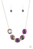 Paparazzi Cosmic Closeup - Purple - Necklace  -  Brushed in a purple oil spill finish, a faceted collection of oversized iridescent gems delicately links below the collar for a gritty glamorous look. Features an adjustable clasp closure.
