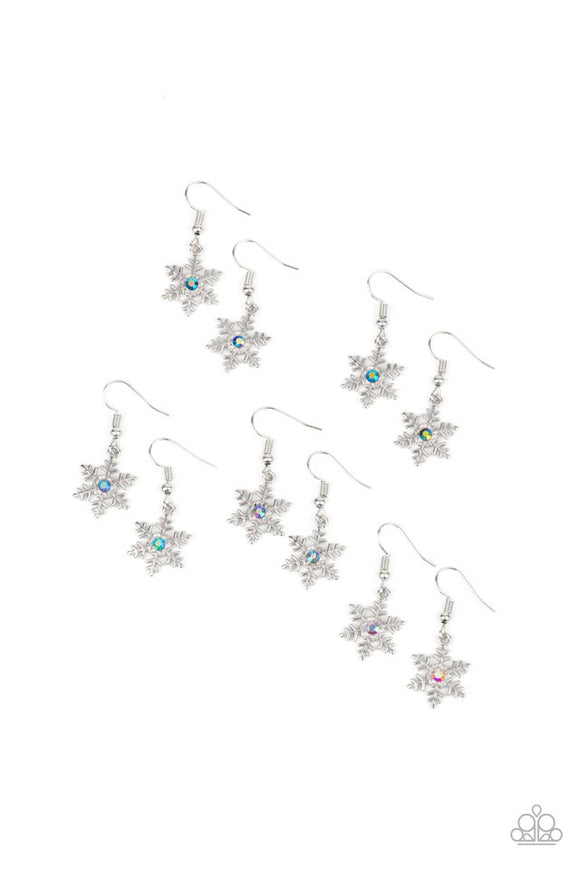 Paparazzi Starlet Shimmer Winter Snowflake Earring Kit - P5SS-MTXX-371XX  -  Ten pairs of earrings in assorted colors and shapes. The winter inspired snowflake frames feature glittery rhinestone centers that vary in the iridescent shades of blue, green, white, and multicolored. Earrings attach to standard fishhook fittings.