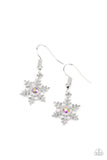 Paparazzi Starlet Shimmer Winter Snowflake Earring Kit - P5SS-MTXX-371XX  -  Ten pairs of earrings in assorted colors and shapes. The winter inspired snowflake frames feature glittery rhinestone centers that vary in the iridescent shades of blue, green, white, and multicolored. Earrings attach to standard fishhook fittings.
