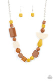 Paparazzi Tranquil Trendsetter - Yellow - Necklace - 2021 Convention Exclusive  -  Featuring the rustic hues of Adobe, Mustard, and Soybean, mismatched acrylic and faux rock beads are haphazardly threaded along an invisible wire below the collar for an abstract artisan vibe. Features an adjustable clasp closure.
