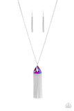 Paparazzi Proudly Prismatic - Pink - Necklace  -  Featuring a UV shimmer, an oversized pink triangular gem swings from the bottom of a lengthened silver chain. A curtain of silver chains streams out from the bottom of the sparkly pendant, adding playful movement to the glamorous statement piece. Features an adjustable clasp closure.
