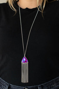 Paparazzi Proudly Prismatic - Pink - Necklace  -  Featuring a UV shimmer, an oversized pink triangular gem swings from the bottom of a lengthened silver chain. A curtain of silver chains streams out from the bottom of the sparkly pendant, adding playful movement to the glamorous statement piece. Features an adjustable clasp closure.
