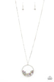 Paparazzi Galactic Glow - Multi - Necklace  -  A cluster of metallic flecked and iridescent crystal-like beads are threaded along dainty silver wire along the bottom of a textured silver hoop, creating a stellar pendant at the bottom of a lengthened silver chain. Features an adjustable clasp closure.
