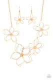 Paparazzi Flower Garden Fashionista - Gold - Necklace  -  Shiny gold wire delicately twists into oversized blossoms. Varying in size, the airy floral frames delicately link into an asymmetrical display as the layered frames elegantly pop beneath the collar. Features an adjustable clasp closure.
