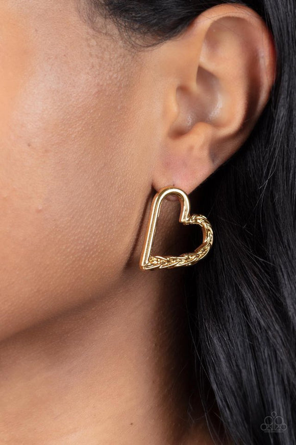 Paparazzi Cupid, Who? - Gold - Earrings  -  One side of a glistening gold heart frame is subtlety twisted with twinkly texture, creating a romantic display. Earring attaches to a standard post fitting.
