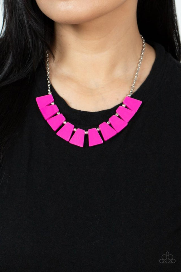 Paparazzi Vivaciously Versatile - Pink - Necklace  -  Flared Fuchsia Fedora acrylic frames alternate with dainty silver beads along an invisible wire below the collar, creating a flamboyant fringe. Features an adjustable clasp closure.
