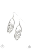 Paparazzi Prismatic Poker Face - White - Earrings  -  Effervescent stacks of brilliant white rhinestones bubble up inside a simple silver oval frame creating a prismatically stunning lure. Earring attaches to a standard fishhook fitting.
