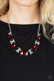 Paparazzi Flawlessly Famous - Red - Necklace  -  Featuring a fiery finish, an oversized collection of emerald cut red rhinestones link with rhinestone dotted teardrop rhinestone frames below the collar for a jaw-dropping display. Features an adjustable clasp closure.
