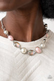 Paparazzi Nautical Nirvana - Pink - Set  -  A collection of classic white pearls, iridescent Pale Rosette beads, white emerald cut gems, and iridescent crystal-like teardrops dance below the collar for an ethereal display. Shiny silver frames encase each bead, adding a romantic vibe to the vintage inspired design. Features an adjustable clasp closure.