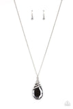 Paparazzi Demandingly Diva - Silver - Necklace  -  Capped in a white rhinestone encrusted fitting, glittery silver ribbons of white rhinestones delicately wrap around the top of a dramatically oversized smoky teardrop gem. The smoldering pendant swings from the bottom of a lengthened silver chain, creating a glamorous statement piece. Features an adjustable clasp closure.
