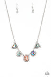 Paparazzi Posh Party Avenue - Multi - January 2022 Life Of The Party - Necklace  -  Featuring triangular, round, and emerald style cuts, an iridescent collection of multicolored rhinestones are bordered in glassy white rhinestones as they delicately link below the collar for a sparkly statement. Features an adjustable clasp closure.