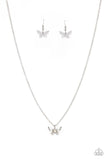 Paparazzi Flutter Love - Multi - Necklace  -  Layered with ornate silver wings, an iridescent rhinestone dotted butterfly flutters from a dainty silver chain below the collar for a whimsical fashion. Features an adjustable clasp closure.
