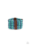 Paparazzi Island Soul - Blue - Bracelet  -  Colorful layers of blue and turquoise wooden beads are threaded along stretchy bands between dark brown wooden bars creating stacks of subtle bliss around the wrist.

