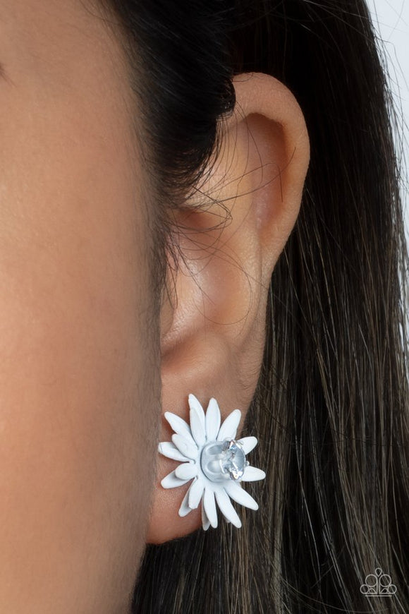 Paparazzi Sunshiny DAIS-y - White - Earrings  -  Layers of white petals fan out from an oversized white rhinestone fitting, blooming into a sparkly floral centerpiece. Earring attaches to a standard post fitting.
