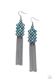 Paparazzi Tasteful Tassel - Multi - Earrings  -  Encased in sleek hematite fittings, rows of glittery multi-colored oil spill rhinestones stack into a sparkly frame. Dainty gunmetal chains stream from the bottom of the dazzling frame, adding flirtatious movement to the timelessly tasseled display. Earring attaches to a standard fishhook fitting.
