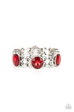 Paparazzi Devoted to Drama - Red - Bracelet  -  Featuring edgy chain-like fittings, a sparkly series of oversized red rhinestones are threaded along stretchy bands around the wrist for a dramatic pop of glitz.
