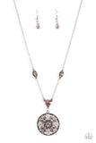 Paparazzi TIMELESS Traveler - Pink - Necklace  -  Glittery pink rhinestones are sprinkled across a silver floral frame, creating a timeless pendant at the bottom of a dainty silver chain that has been enhanced with matching pink rhinestone embellished frames. Features an adjustable clasp closure.
