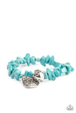 Paparazzi Love You to Pieces - Blue - Bracelet  -  Infused with a hammered silver bead and a decorative silver heart charm, an earthy collection of turquoise pebbles are threaded along a stretchy band around the wrist for a whimsical fashion.
