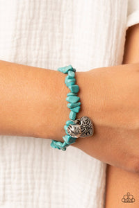 Paparazzi Love You to Pieces - Blue - Bracelet  -  Infused with a hammered silver bead and a decorative silver heart charm, an earthy collection of turquoise pebbles are threaded along a stretchy band around the wrist for a whimsical fashion.
