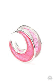 Paparazzi Charismatically Curvy - Pink - Earrings  -  Flecked in silver shavings, a glistening pink acrylic half moon frame is bordered with flat shiny bars that coalesce into a curvaceous hoop. Earring attaches to a standard post fitting. Hoop measures approximately 2" in diameter.

