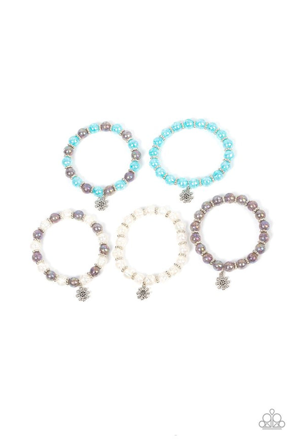 Paparazzi Starlet Shimmer Silver Snowflake Bracelet Kit - P9SS-MTXX-320XX  -  Pack of ten bracelets in assorted colors and shapes featuring dainty silver snowflake charms, the wintry stretchy bracelets vary in the iridescent glacial shades of white, blue and silver.