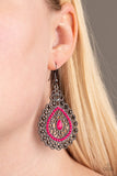 Paparazzi Carnival Courtesan - Pink - Earrings
Regal gunmetal filigree climbs a teardrop shaped frame, coalescing into a glistening frame. Dainty pink beads adorn the center of the frame, while glittery hematite rhinestones embellish the outer frame for a refined finish. Earring attaches to a standard fishhook fitting.
