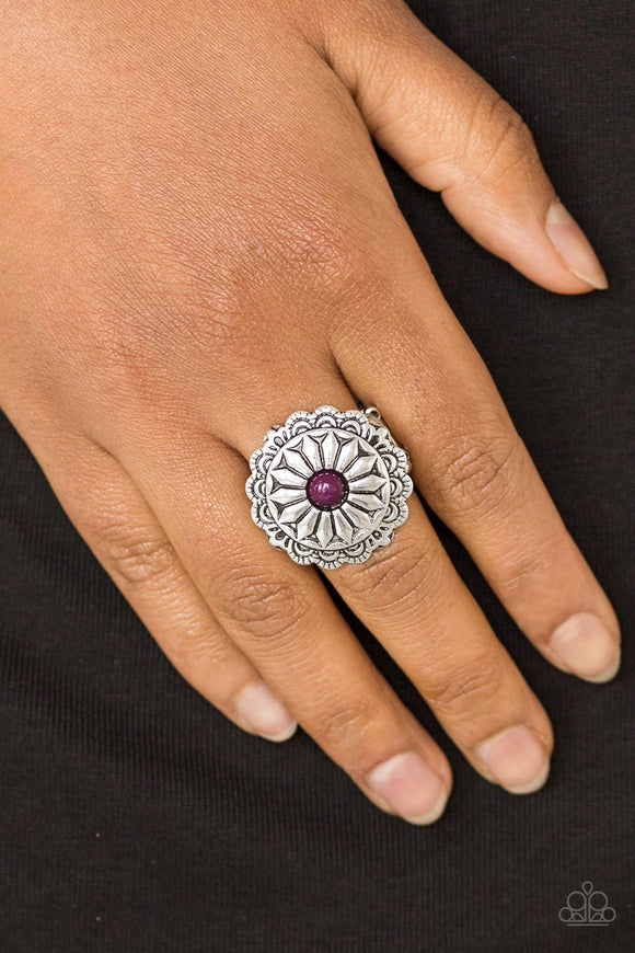 Paparazzi Daringly Daisy - Purple
A shiny purple bead is pressed into a glistening silver frame radiating into a floral detail for a seasonal look. Features a stretchy band for a flexible fit.