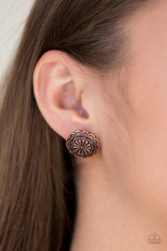 Paparazzi Durango Desert - Copper - Earrings
Embossed in a whimsical floral pattern, a glistening copper frame dots the ear for a seasonal look. Earring attaches to a standard post fitting.