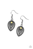 Paparazzi Distance Pasture - Yellow - Earrings  Embossed in whimsical antiqued textures, a shimmery silver teardrop frame swings from the ear. A dainty yellow bead is pressed into the top of the frame for a colorful finish. Earring attaches to a standard fishhook fitting.