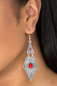 Paparazzi Drifting Dunes - Red - Earrings
Stamped in tribal inspired patterns, silver geometric frames link into a shiny lure. Red beads are pressed into the centers of both frames, adding a refreshing pop of color to the seasonal palette. Earring attaches to a standard fishhook fitting.