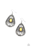 Paparazzi Floral Frill - Yellow - Earrings  A yellow bead is pressed into the center of an oversized ornate silver teardrop frame studded and embossed in swirling filigree detail for a whimsical look. Earring attaches to a standard fishhook fitting.