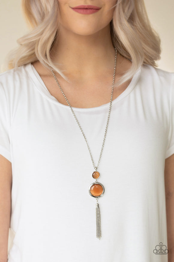 Paparazzi Have Some Common SENSEI - Orange - Necklace
Swinging from the bottom of a glistening silver chain, glowing stacked moonstone pendants give way to a shimmery silver tassel for a refined look. Features an adjustable clasp closure. 