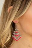 Paparazzi Kite Race - Pink
Rows of dainty pink beads swing from an ornate silver kite-shaped frame, creating a tiered fringe. Earring attaches to a standard fishhook fitting.
